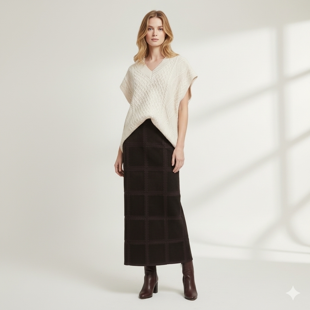 Y2K Vintage Suede Brown Patchwork Midi Skirt, Boho Western , Womens 10 - Picture 1 of 8